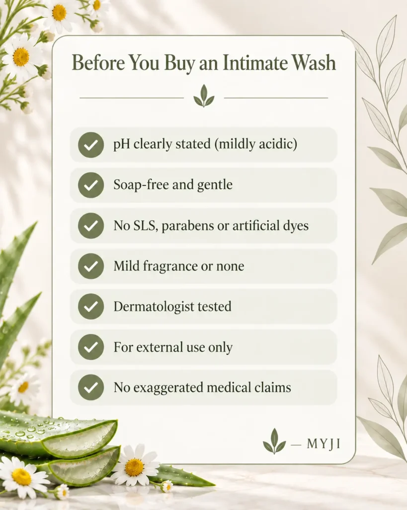 How to Choose an Intimate Wash in Pakistan: pH, Ingredients & Safe Use Myji intimate wash checklist.webp Myji